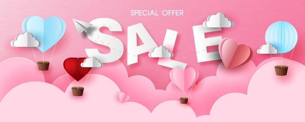 Valentine's wording sale with balloon on pink layers could and pink paper pattern background. Valentine greeting card in sale banner paper cut style and vector design.