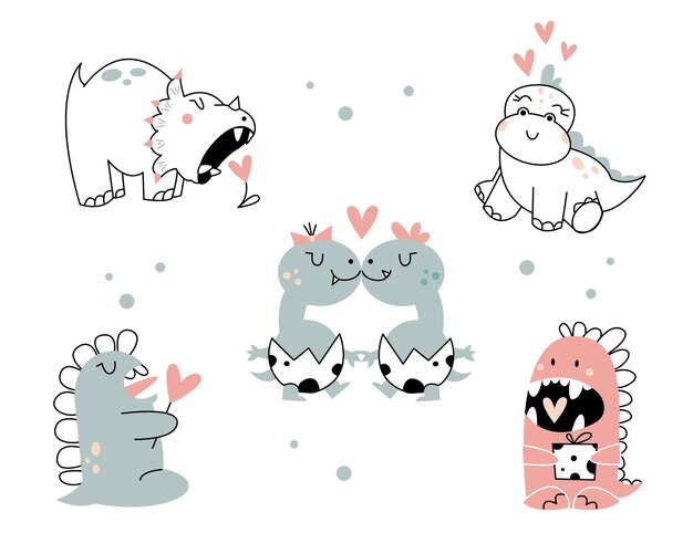 Vector valentine set of 5 different types of cute baby dinosaurs