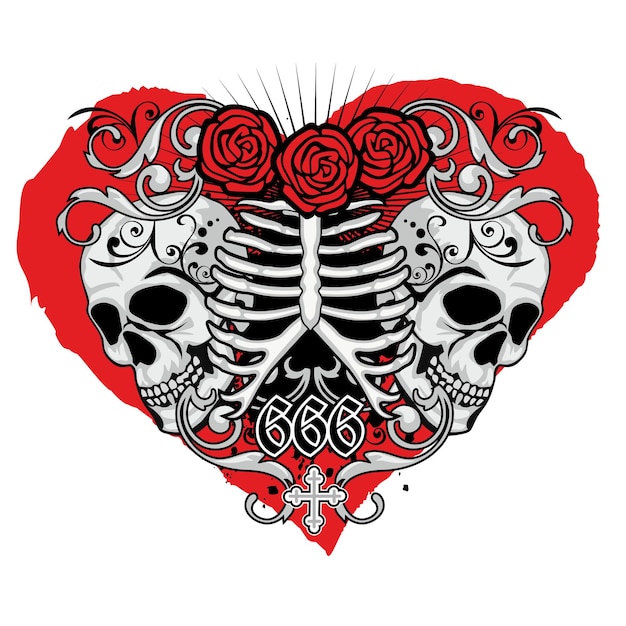 valentine skull with heart, grunge vintage design t shirts