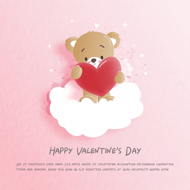 Valentines card with cute teddy bear in paper cut style illustration.