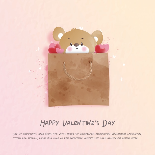 Valentines card with cute teddy bear in paper cut style illustration.