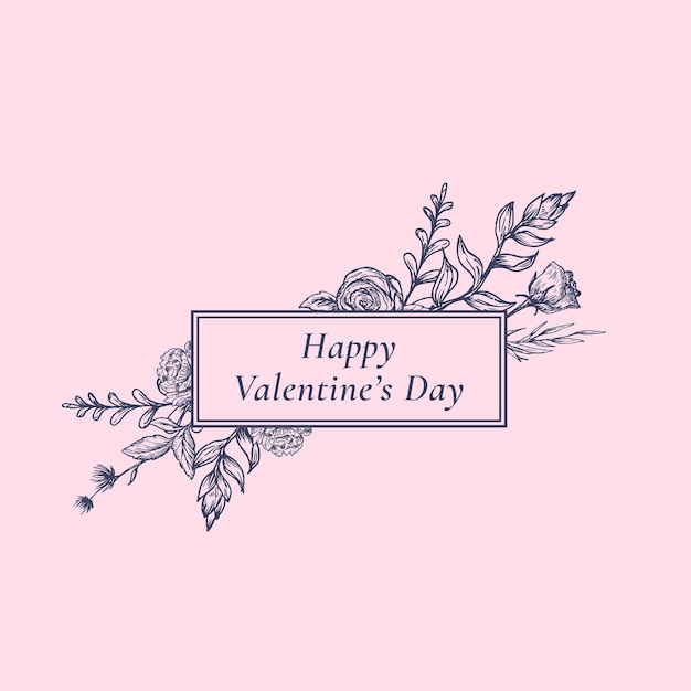 Valentines Day Abstract Botanical Label with Rectangle Frame Floral Banner and Retro Typography.