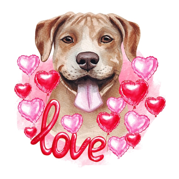 Valentines Day American Pit Bull Terrier with love and hearts . Cute dog lover puppy illustration.