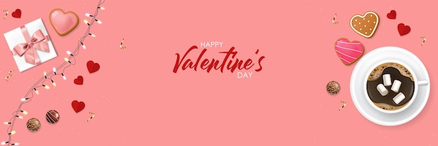 Vector valentines day background, love card, romantic banner, coffee, chocolate, love background