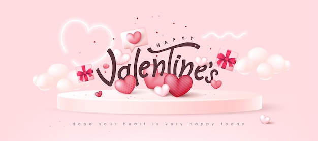 Valentines day background with Heart Shaped Balloons and text design on podium display