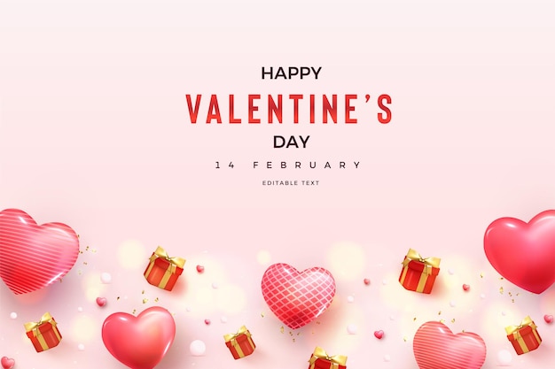 Valentines day background with illustration with 3d heart balloons and gift boxes