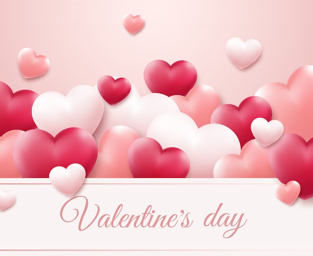 Valentines Day background with red, pink hearts and frame for text