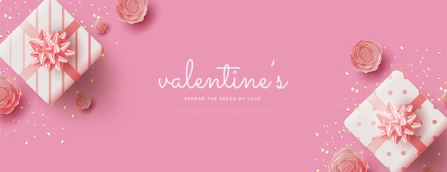 Valentines day background with roses and gift boxes vector realistic Premium design for banner and social media post greeting