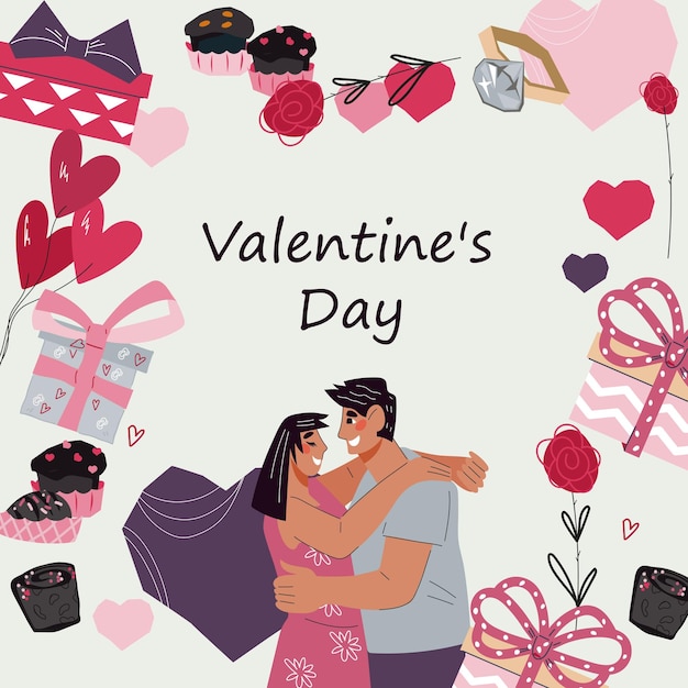 Valentines day banner or greeting card poster for social media flat vector