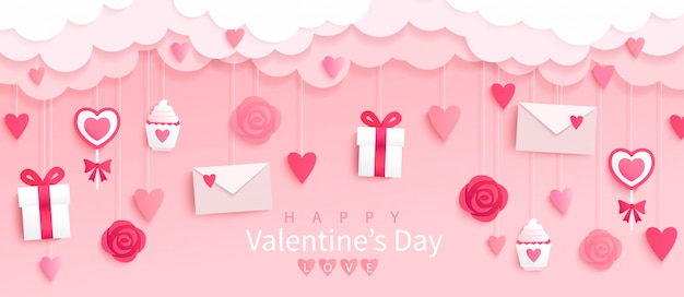 Valentines day banner with gifts,hearts,letters,flowers in pink background with wishing happy holiday, origami style.