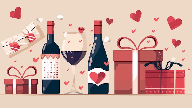 Vector valentines day banner with gifts wine and calendar