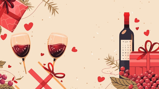 Valentines Day Banner with Gifts Wine and Calendar