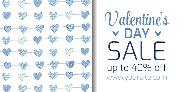 Valentines day Banner with pattern of Hand drawn hearts for announce valentines day sale