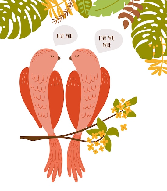 Valentines day birds couple into the jungle with text Love you isolated elements Romantic tropical birds parrots are great for St Valentines day greeting Vector illustration of pink couple birds