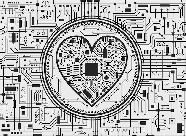 Valentines day black and white background. Abstract technology heart. IT love symbol. Vector illustration.