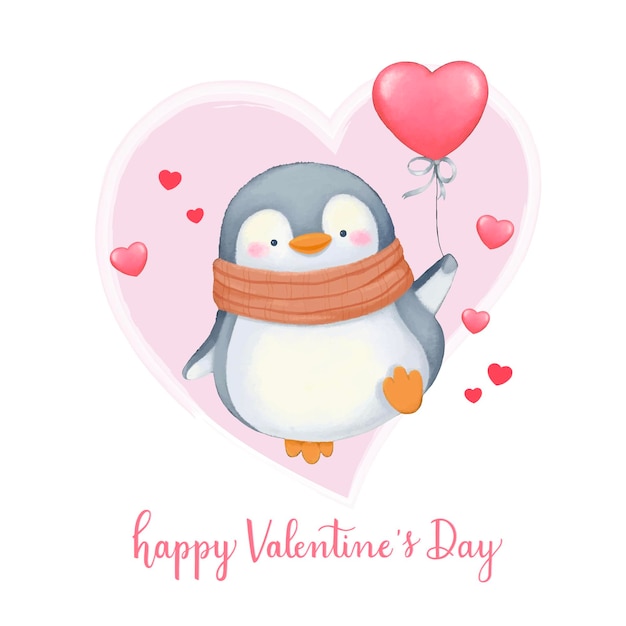 Valentines Day card cute penguin holding red shaped heart balloon.