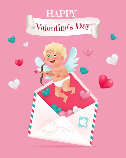 Valentines Day card with cute cupid hearts and envelope Vector illustration in cartoon 3d style