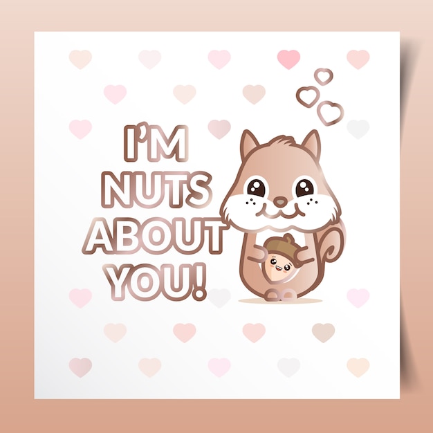 Valentines day card with squirrel holding a nut