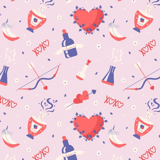 Valentines day celebration seamless pattern with love potion bottles in the shape of heart bow arrow