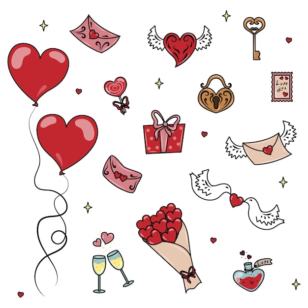 Vector valentines day clipart set with hearts balloons glasses