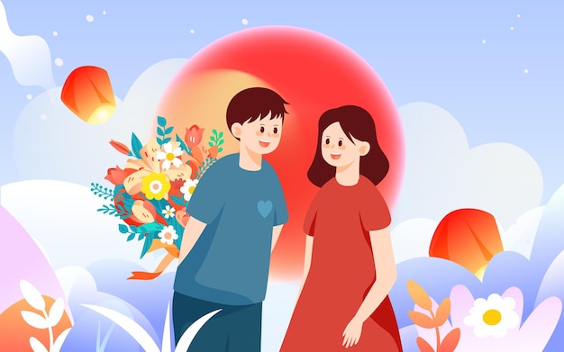 Valentines day couple on date, background with flowers and hearts, vector illustration