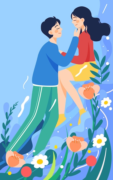 Valentines day couple dating and kissing with flowers and plants in the background vector