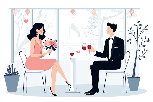 Vector valentines day couple sitting in open air cafe