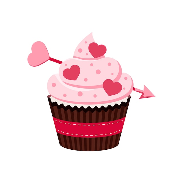 Valentines day cupcake icon isolated on white background Cute sweets food Party homemade muffin withpink heart arrow in paper wrapper Flat design cartoon style dessert vector illustration