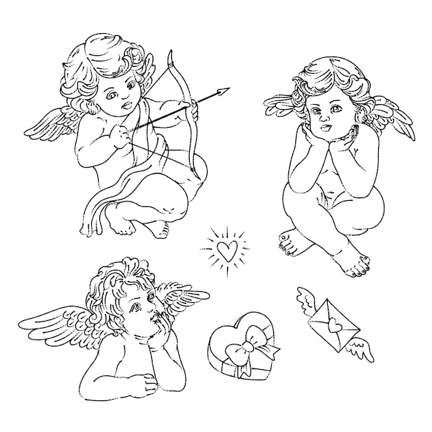 Valentines day cupid hand drawn style vintage decorative element engraving