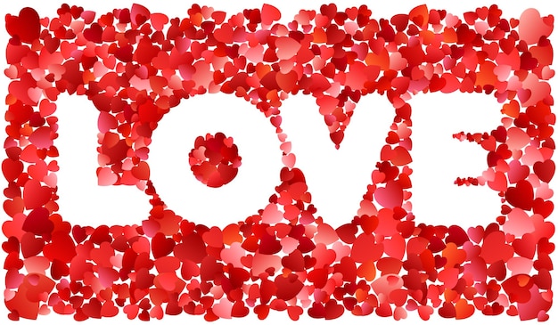 Valentines day. Decorative word LOVE background with many flying valentines hearts.