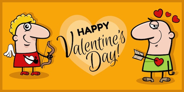 Valentines Day design with cartoon cupid and guy in love