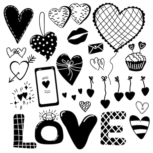 Valentines Day Doodle set. Different black-white hearts, cupcake, smartphone and text LOVE. Vector