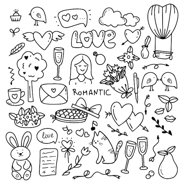 Valentines day doodle set, objects for concept and design, vector illustration flat.