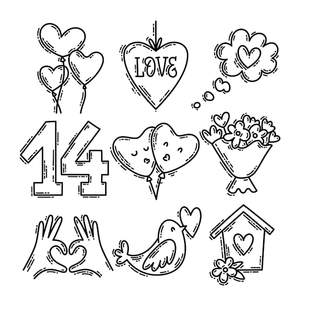 Valentines Day doodle style handdrawn icon set with simple engraving retro effect Romantic mood cute love symbols and elements collection