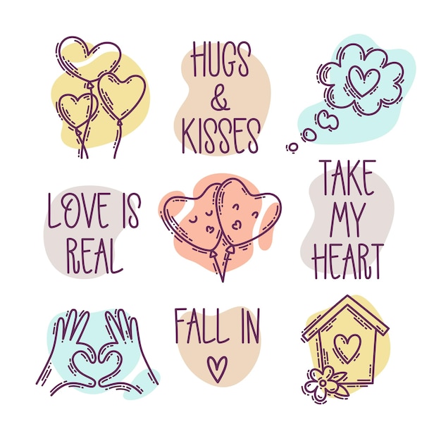 Valentines Day doodle style handdrawn icon set with simple engraving retro effect Romantic mood cute love symbols and elements collection