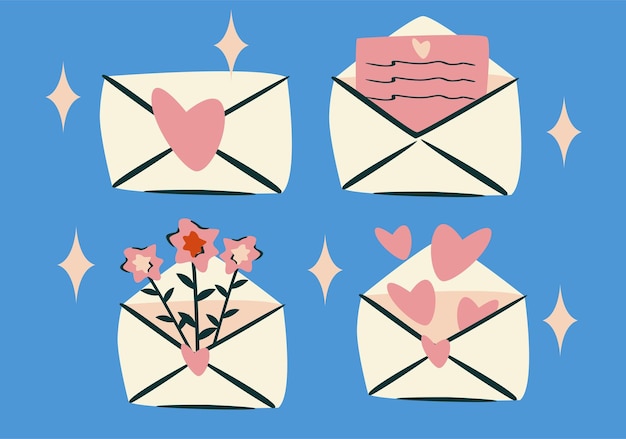 Valentines Day elements set Different romantic objects Love letter envelope Vector illustration