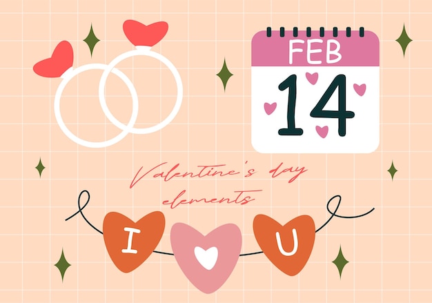 Valentines Day elements set Different romantic objects Vector illustration