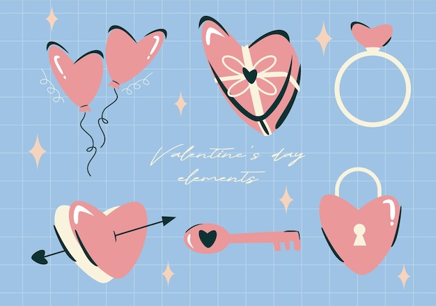 Valentines Day elements set Different romantic objects Vector illustration