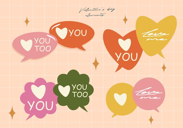 Valentines Day elements set Different romantic objects Vector illustration