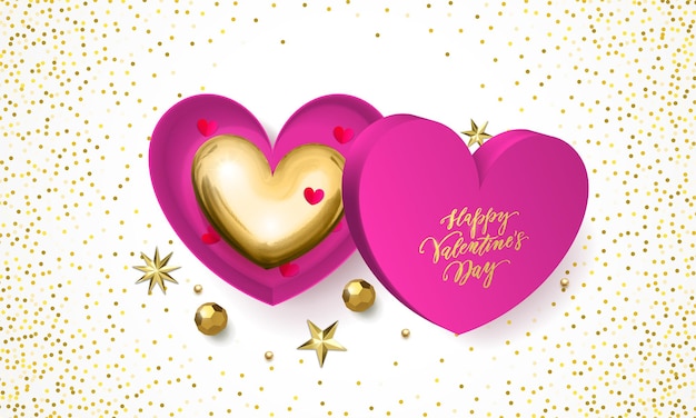 Valentines day greeting card of heart gift box decoration with chocolate candy in golden wrapper.