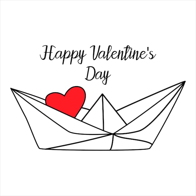 Valentines day greeting card origami boat with heart on white background romantic valentines day