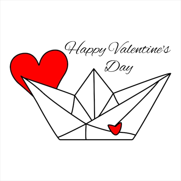 Valentines day greeting card origami boat with heart on white background romantic valentines day