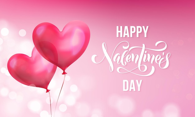 Valentines day greeting card of valentine red heart balloon on pink light shine background.