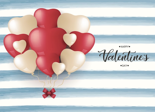 Valentines Day greeting card with a bouquet of red and gold balloons Happy Valentines day poster on a blue stripes background vector illustration