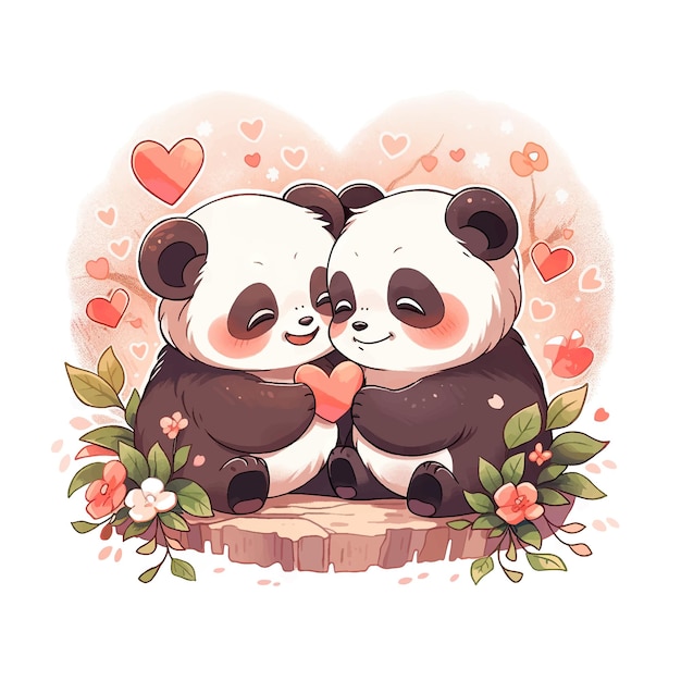 Valentines day greeting card with cute pandas and heart Vector illustration