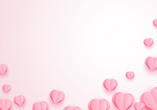 Valentines Day Greeting Card with Pink Paper Elements in Shape of Heart Flying on Pink Background