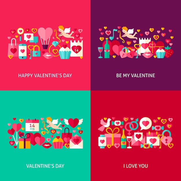 Valentines Day Greeting Set. Flat Design Vector Illustration. Collection of Love Holiday Posters.