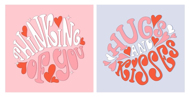 Valentines day hand drawn lettering greeting cards Hugs and kisses thinking of you vector design