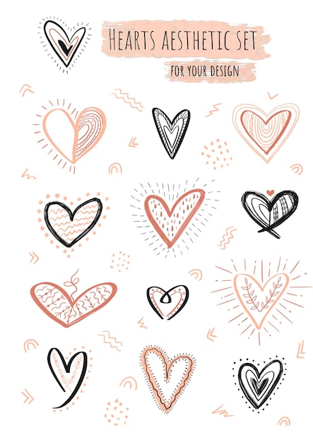 Valentines day hearts doodles set. Black and pink handrawn hearts on white background. Use for your designs, stickers, postcards, decoration.