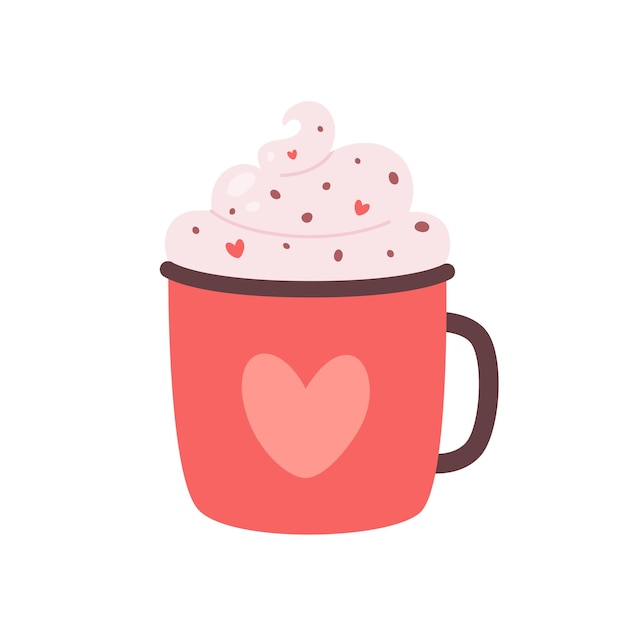 Valentines Day hot drink. Coffee cup with cream, chocolate drops and hearts